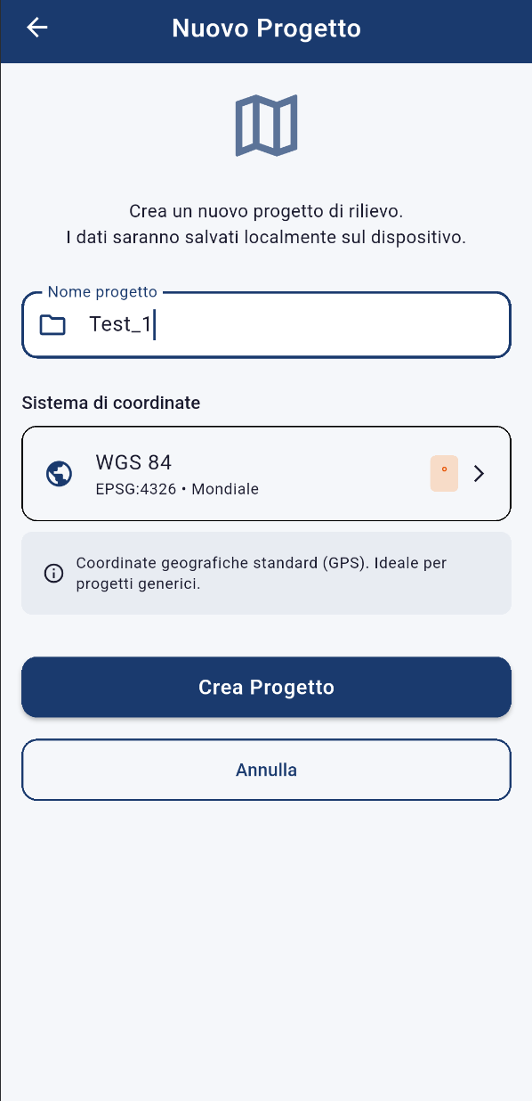 Creazione nuovo progetto rilievo